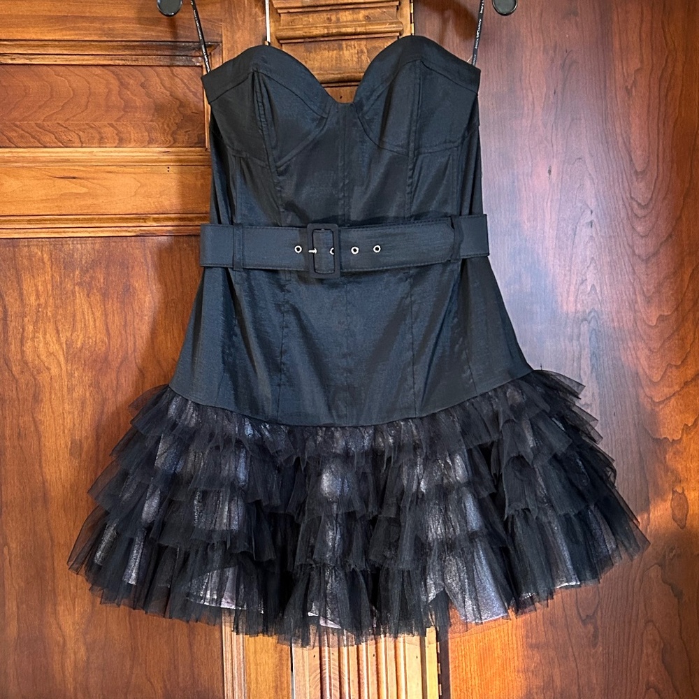 Jessica McClintock Black Taffeta/Tulle Bustier Strapless Cocktail Dress, Size10